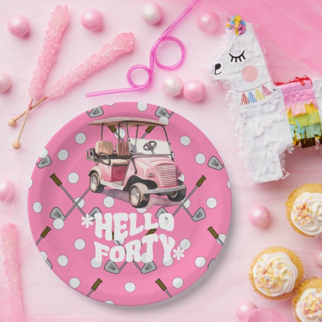 Plato De Papel Golf 40 cumpleaños con una mujer de carrito rosa g (Fiesta)