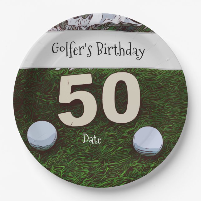 Plato De Papel Golf 50.º cumpleaños del golfista con bolas en ver (Anverso)