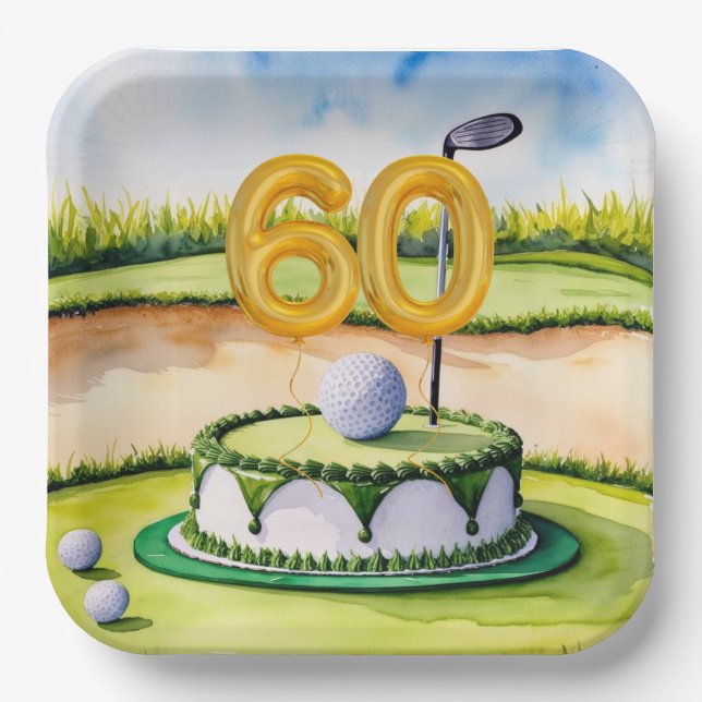 Plato De Papel Golf 60 cumpleaños con torta para golfista (Anverso)
