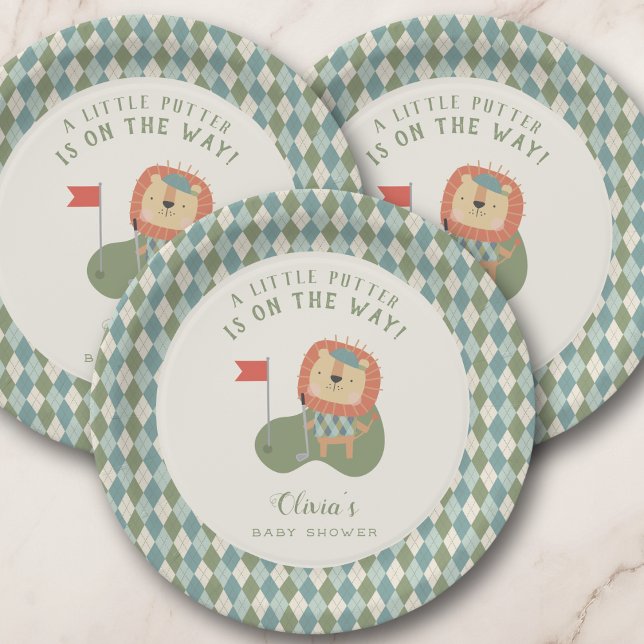Plato De Papel Golf Baby Shower A Little Putter Preppy Argyle   (Golf-themed plates for a baby shower, customize with mom-to-be’s name for a personal touch. 
)