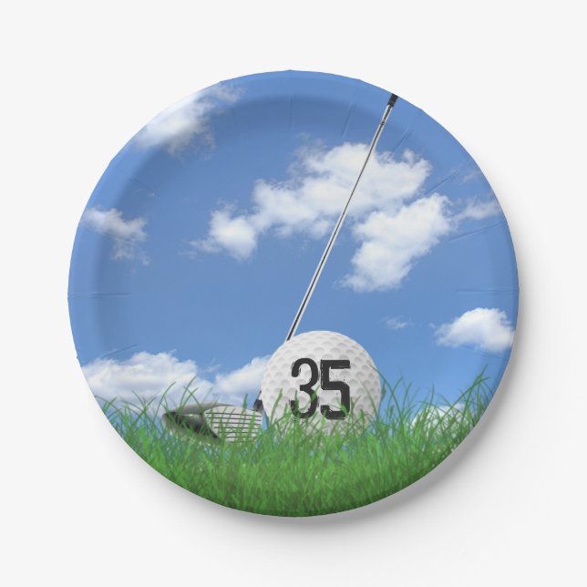 Plato De Papel Golf Ball y club por 35 años (Anverso)