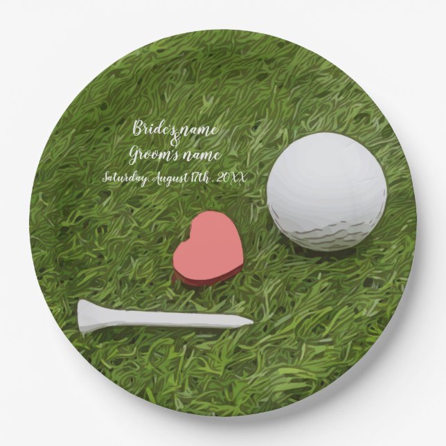 Plato De Papel Golf Boda bola y tac con amor en verde (Anverso)