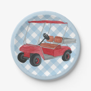 Plato De Papel Golf Cart Plaid Blue Gingham Country Club