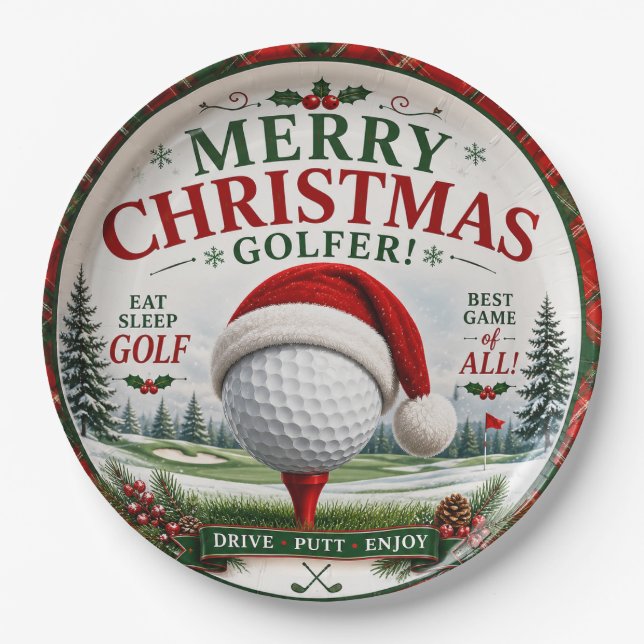 Plato De Papel Golf con tema de Navidad para golfista (Anverso)