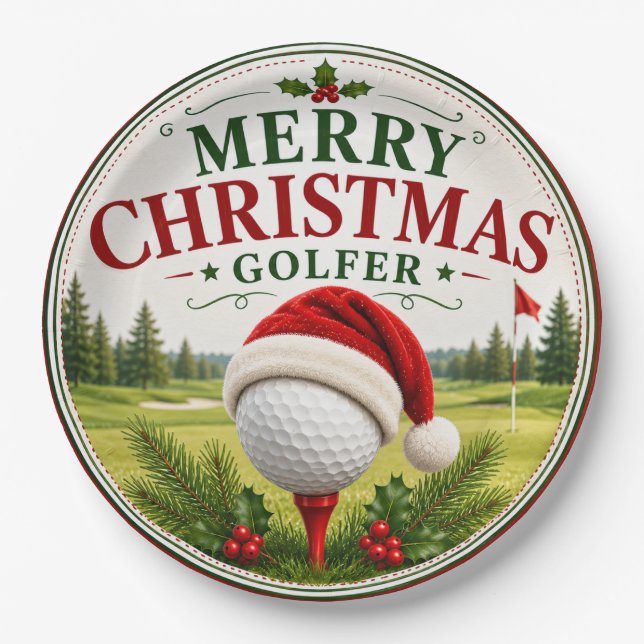 Plato De Papel Golf con tema de Navidad para golfista (Anverso)