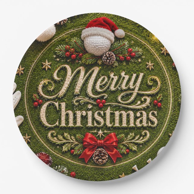 Plato De Papel Golf con temática de Navidad sobre césped verde (Anverso)