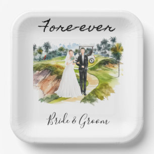 Plato De Papel Golf Fore Ever con novia y Boda Groom
