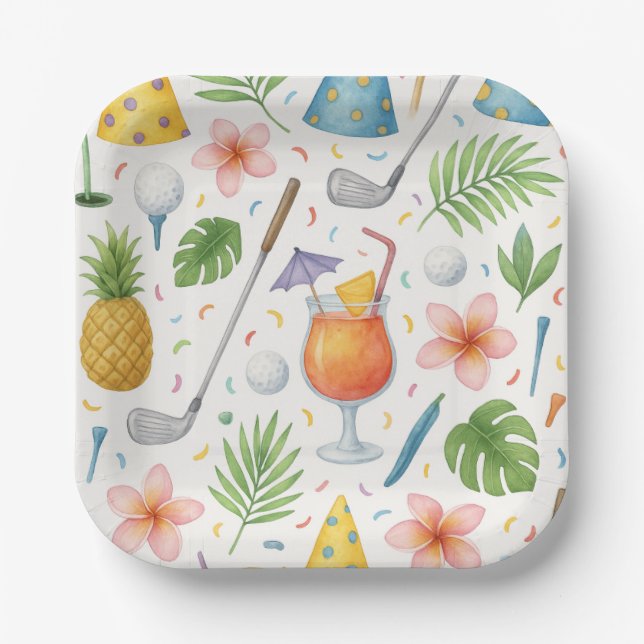 Plato De Papel Golf Hawaii con temática de Fiesta hawaiano de gol (Anverso)