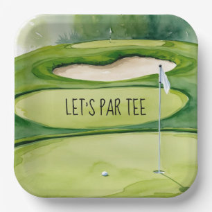 Plato De Papel Golf Let's Par tee con bandera de golf en blanco v