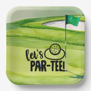 Plato De Papel Golf Let's Par tee con bandera de golf en blanco v