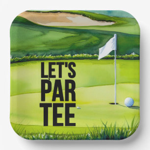 Plato De Papel Golf Let's Par tee con bandera de golf en blanco v