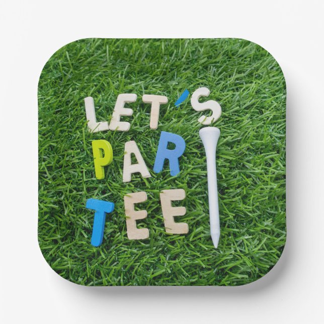 Plato De Papel Golf Let's Par tee with white tee está en verde (Anverso)