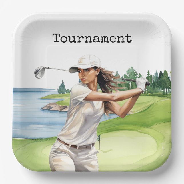 Plato De Papel Golf Mujer en campo de golf (Anverso)