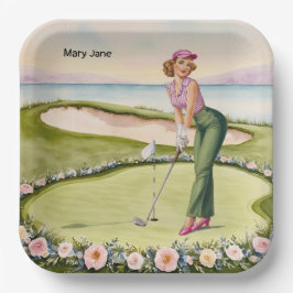 Plato De Papel Golf  Retro Golf Chic: Woman Golfer at the Green