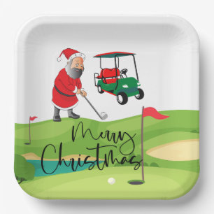 Plato De Papel Golf Santa Claus golfer Feliz Navidad en verde