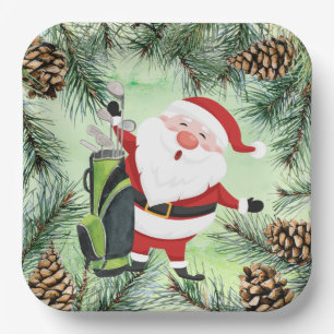 Plato De Papel GOLF SANTA Claus golfer para Navidades Fiesta