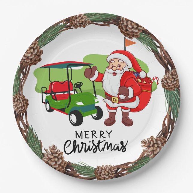 Plato De Papel GOLF SANTA Claus golfer para Navidades Fiesta (Anverso)