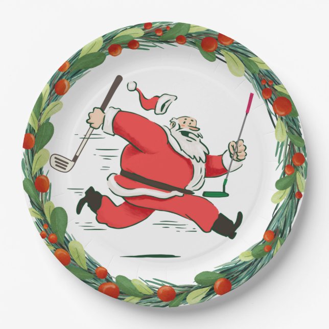 Plato De Papel GOLF SANTA Claus golfer para Navidades Fiesta (Anverso)