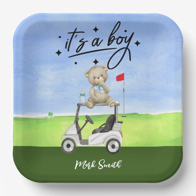 Plato De Papel Golf Teddy Bear es un chico para Baby Shower (Anverso)