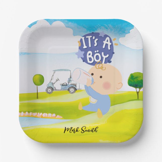 Plato De Papel Golf Teddy Bear es un chico para Baby Shower (Anverso)