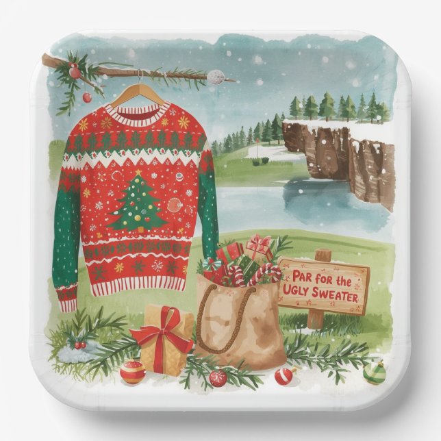 Plato De Papel Golf Ugly Sweater Christmas for golfer (Anverso)