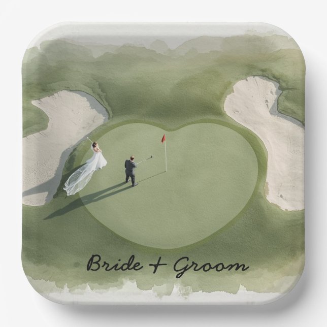Plato De Papel Golf wedding bride groom golf ball tee with love (Anverso)
