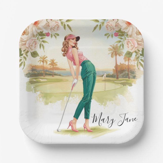 Plato De Papel Golf Woman golfer on golf course (Anverso)