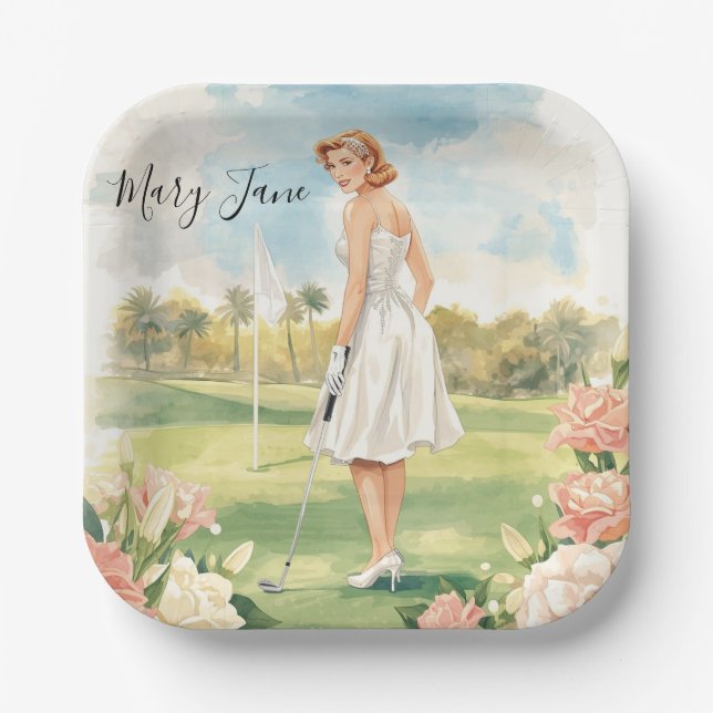 Plato De Papel Golf Woman golfer on golf course Bridal  (Anverso)