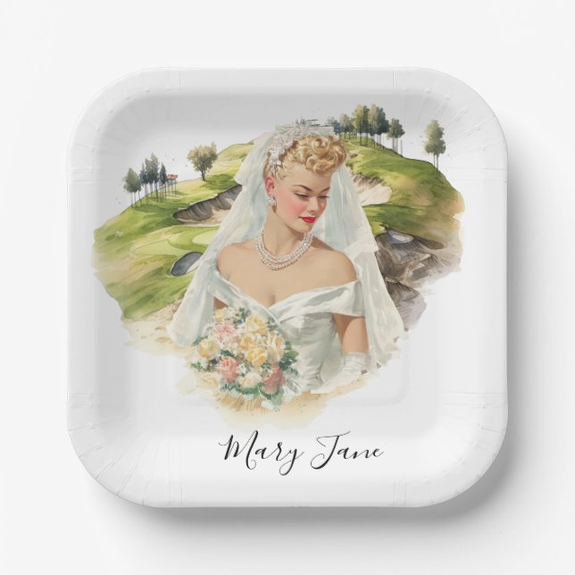 Plato De Papel Golf Woman golfer on golf course Bridal  (Anverso)