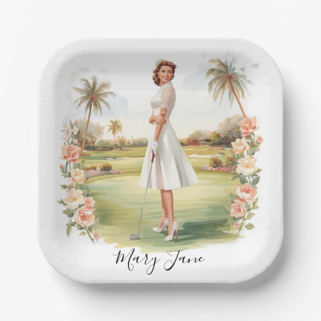 Plato De Papel Golf Woman golfer on golf course Bridal  (Anverso)