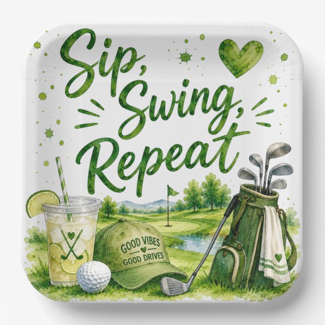 Plato De Papel Golf y risas divertido golf acuarela (Anverso)