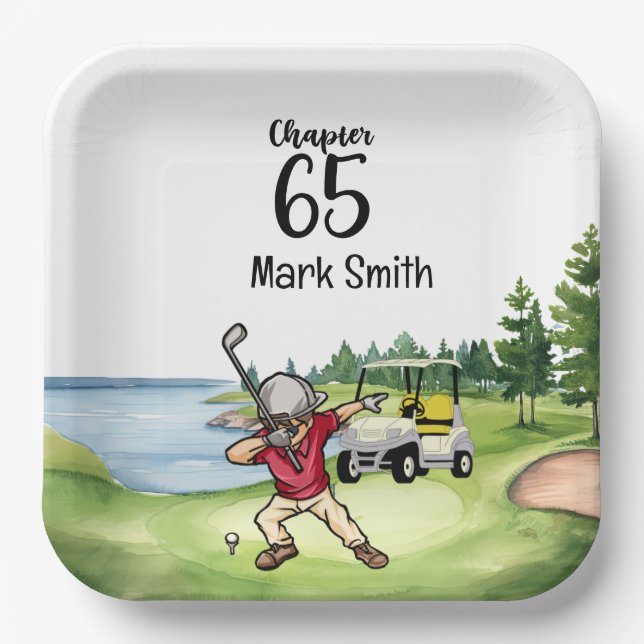 Plato De Papel Golfer 65th Birthday Dabbing con carrito de golf (Anverso)
