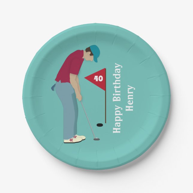 Plato De Papel Golfer Putting Birthday (Anverso)