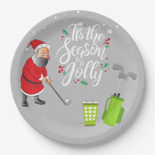 Plato De Papel Golfer Santa Claus está jugando golf bajo Navidade