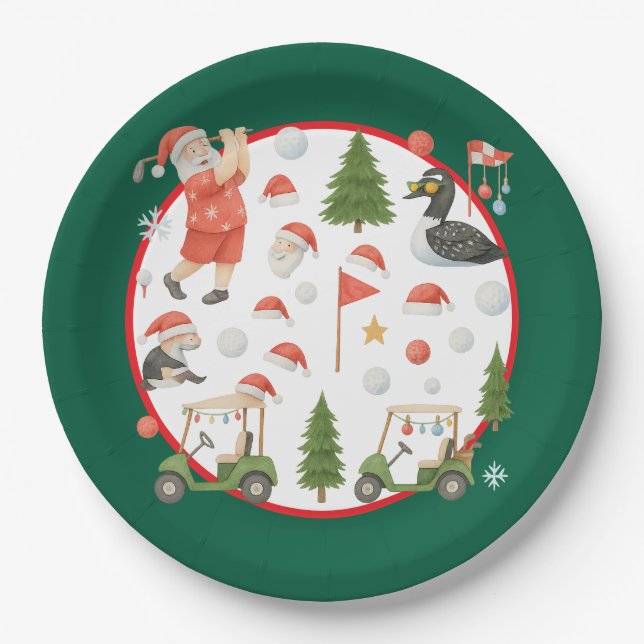 Plato De Papel Golfer Santa Claus Golfing in Minnesota on Green (Anverso)