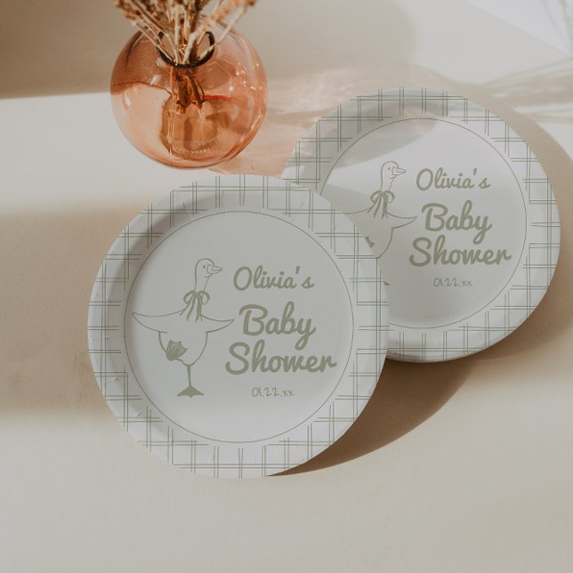 Plato De Papel Goose Hand Drawn Neutral Ribbon Baby Shower (Subido por el creador)