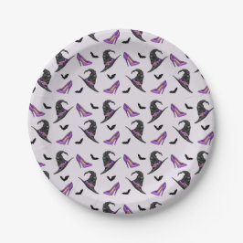 Plato De Papel Gorra De Brujas Y Talones Con Patrón De Halloween 
