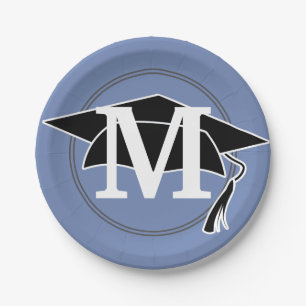 Plato De Papel Gorra de graduación monograma inicial azul negro b