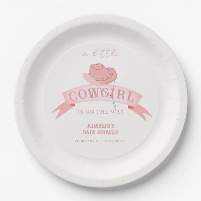 Plato De Papel Gorra de lechuza rosa occidental Baby Shower (Anverso)