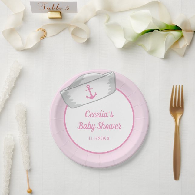 Plato De Papel Gorra de marinero Chica Nautical Baby Shower (Boda)