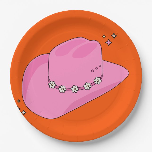 Plato De Papel Gorra De Vaquero Naranja Y Rosa (Anverso)