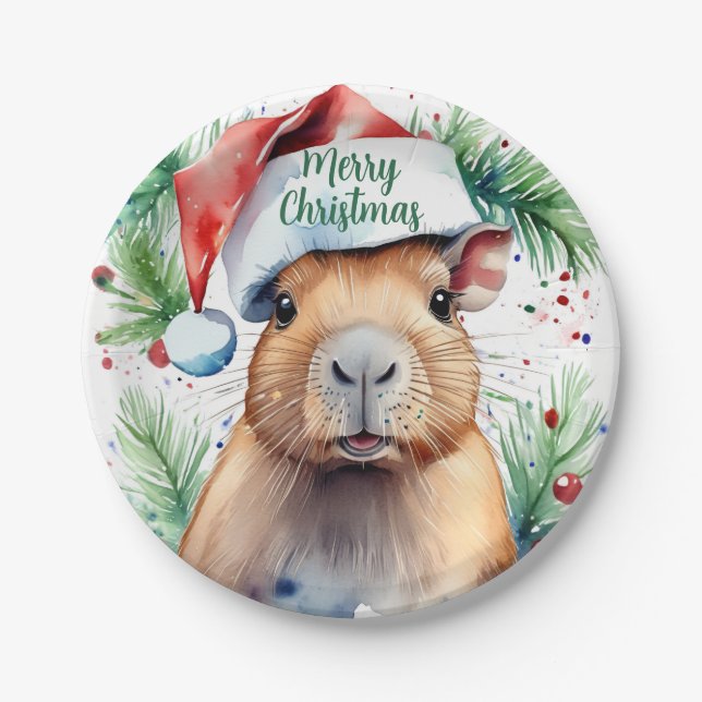 Plato De Papel Gorra navideño Feliz Capibara - (Anverso)
