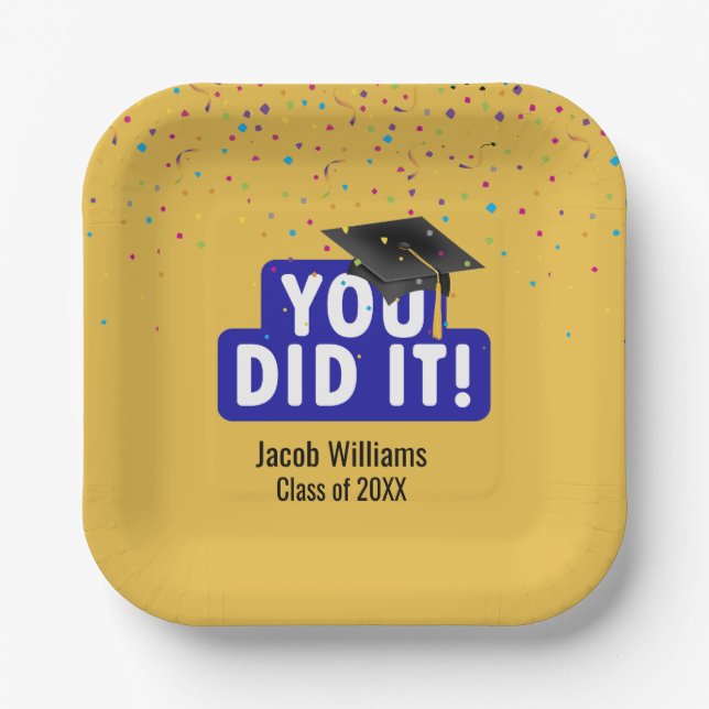 Plato De Papel Gorra negra de graduación con confetti (Anverso)