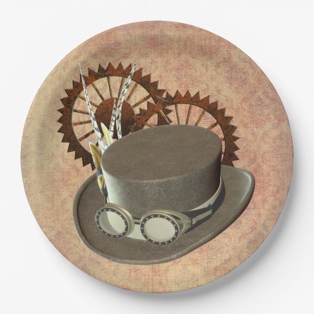 Plato De Papel Gorra Steampunk y engranajes (Anverso)