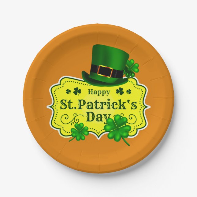 Plato De Papel Gorra verde y Naranja shamrock pequeño (Anverso)