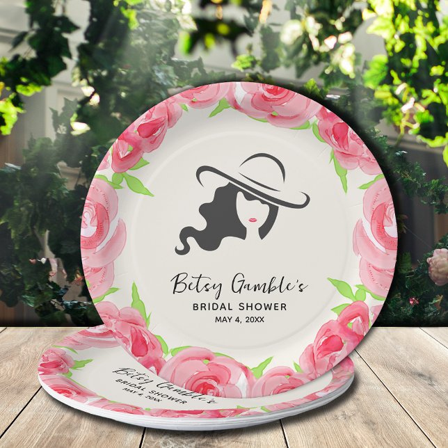 Plato De Papel Gorra y Rosas de acuarela Derby Bridal Shower (Subido por el creador)