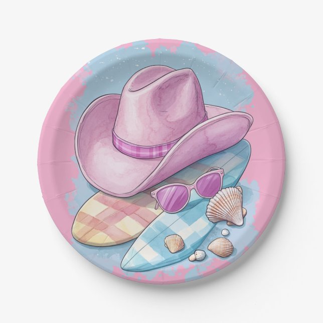 Plato De Papel Gorra y tablas de surf de Cowboy rosa - Occidental (Anverso)