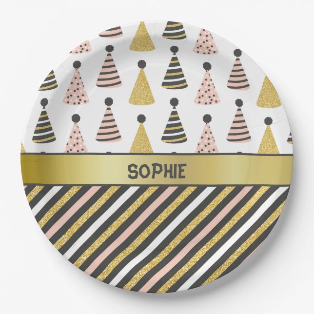 Plato De Papel Gorras y rayas rosadas y grises de Brigada (Anverso)