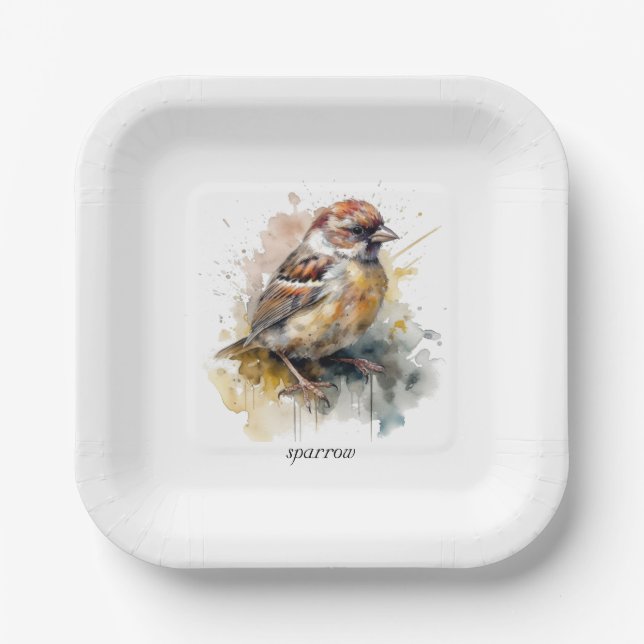Plato De Papel Gorrión acuarela rústica, personalizado (Anverso)