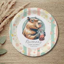 Plato De Papel Gorrito Divertido de Capibara Rayado con Nombre Pe